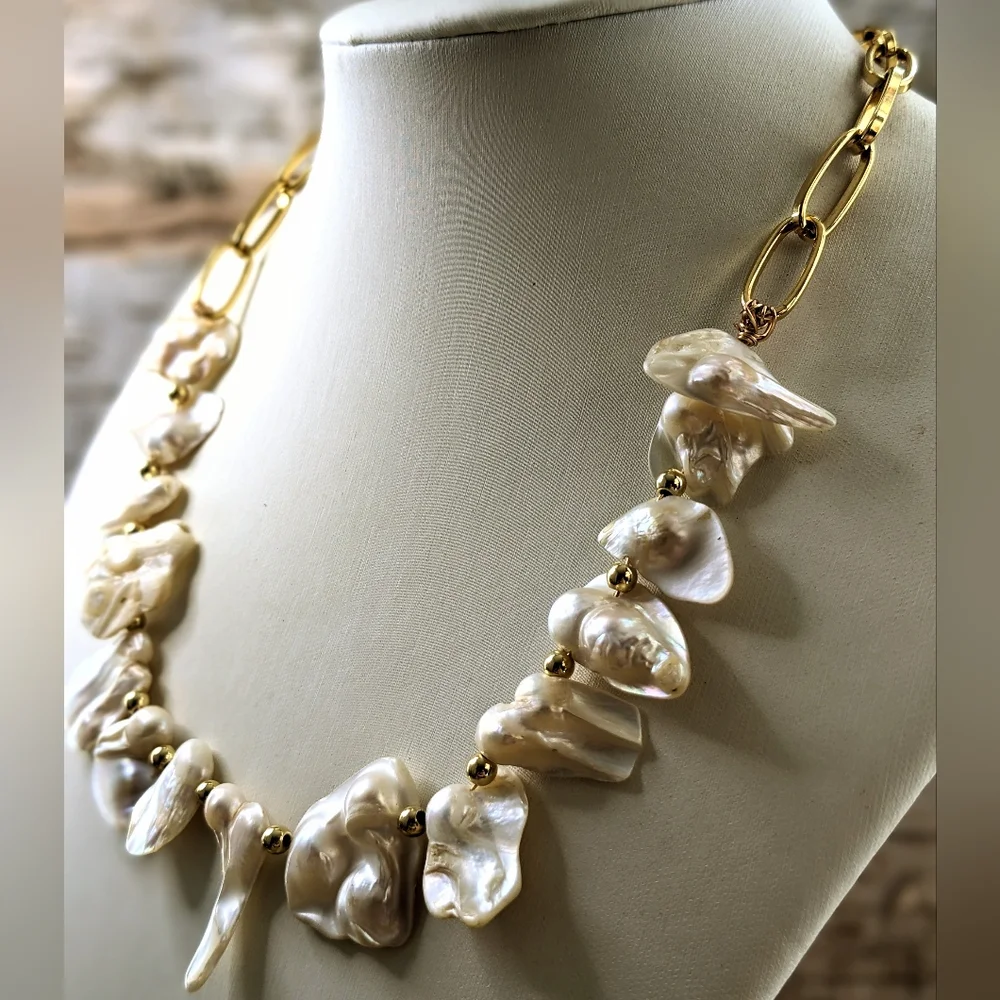 White Irregular Keshi Pearls In Classic 18K Gold  Plated Paperclip Necklace - Picture 3 of 9